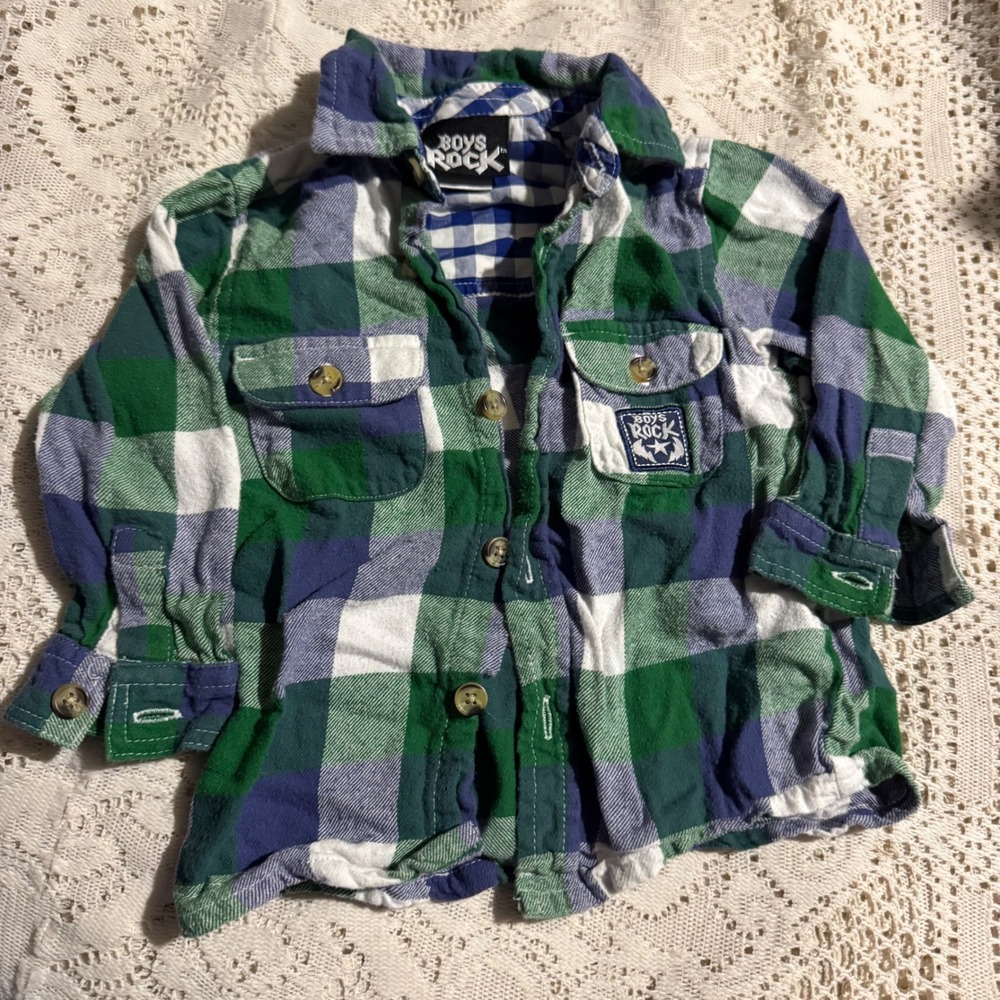 Boys‎ Rock Flannel Long Sleeve Shirt Green Blue Plaid Size 24M